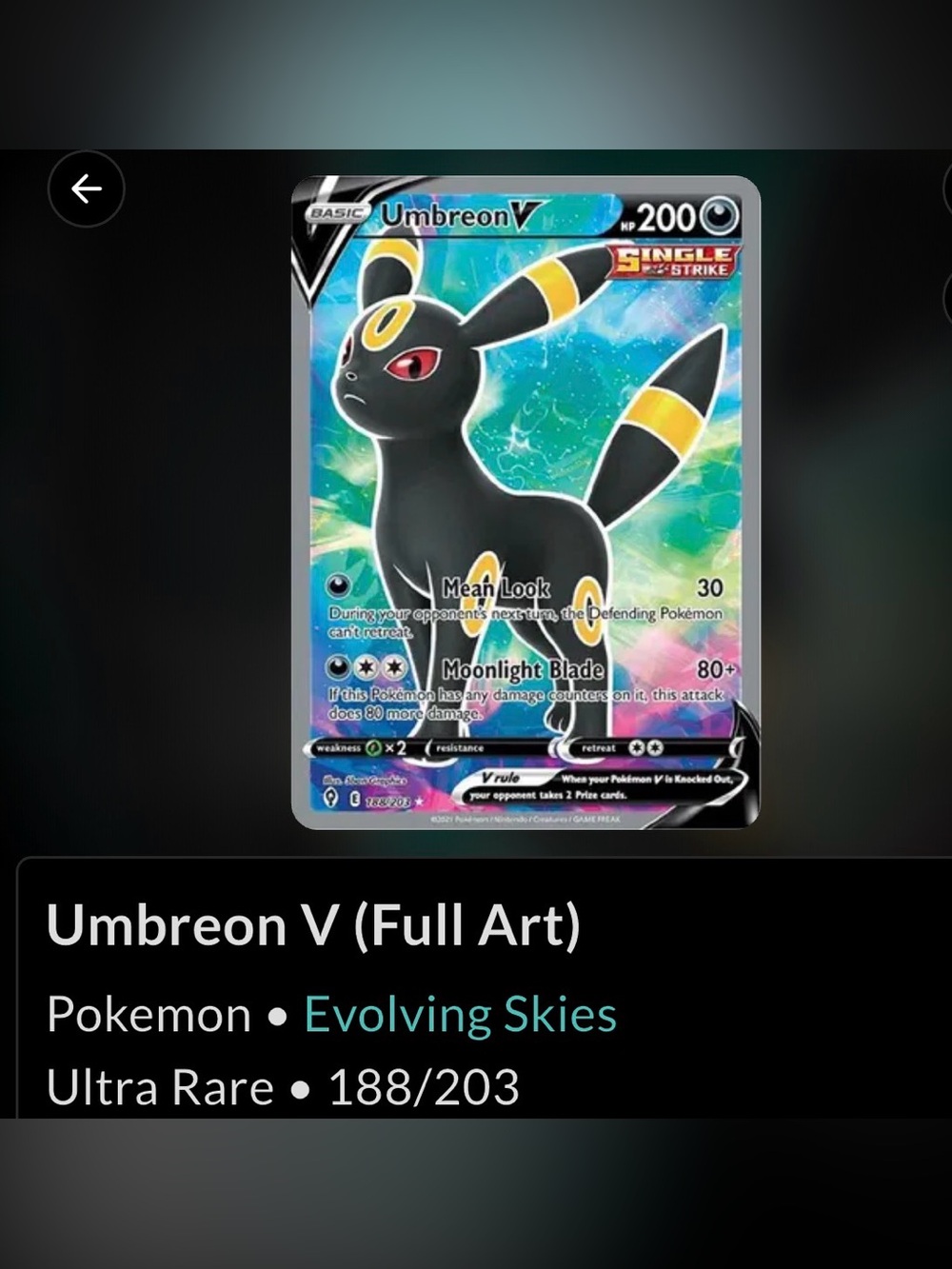 Pokemon Umbreon V Full Art Black Yellow Blue